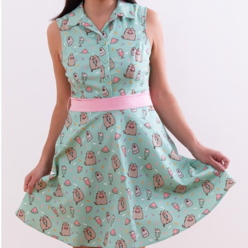 EUC Rare Pusheen the Cat mint & pink flare dress, removable sash, pockets XL
